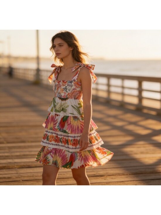 FARM Rio Dresses & Skirts - Farm Rio Mixed White Print Layered Dress M Tropical Floral Tiered cotton smocked
